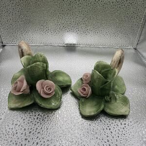 Pair Vintage Capodimonte Italian Porcelain Flower Candle Holder candlestick